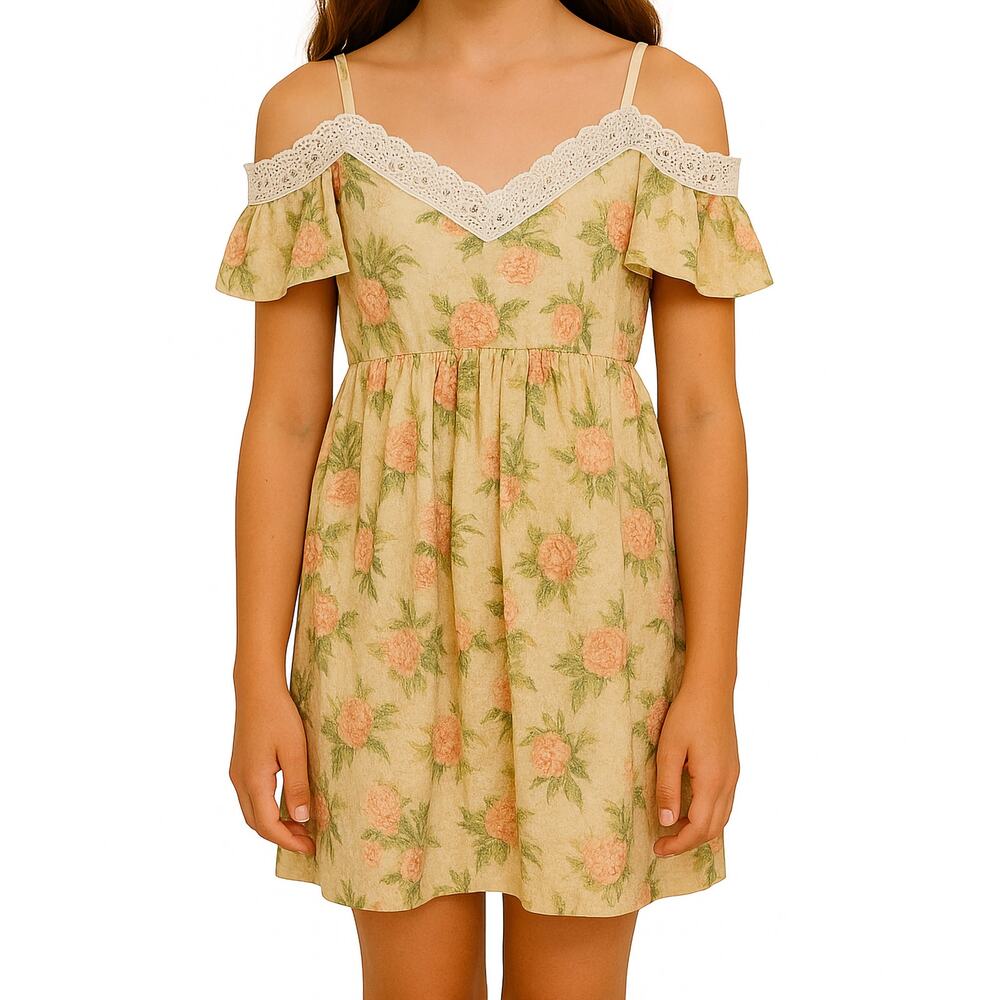 Disney Princess Aurora Dress Girls 7/8 Floral Lace Cold Shoulder Cottagecore